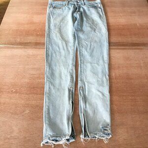 MNML Jeans Men 28x29 Blue Low Rise Raw Hem Distressed Ankle Zip Button Fly Biker